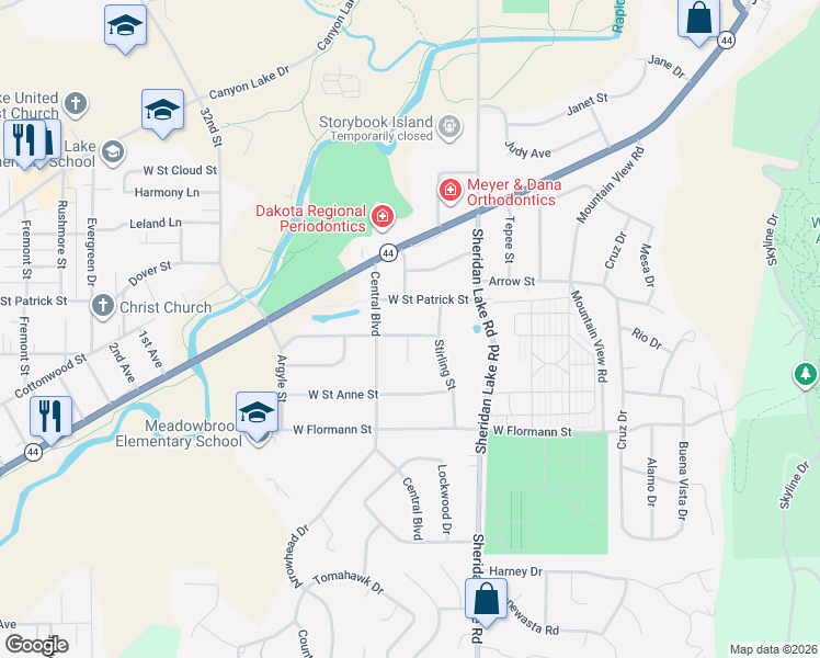 map of restaurants, bars, coffee shops, grocery stores, and more near 2712 Lanark Road in Rapid City
