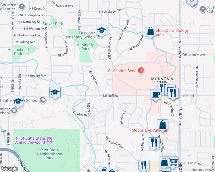 map of restaurants, bars, coffee shops, grocery stores, and more near 1695 Northeast Purcell Boulevard in Bend