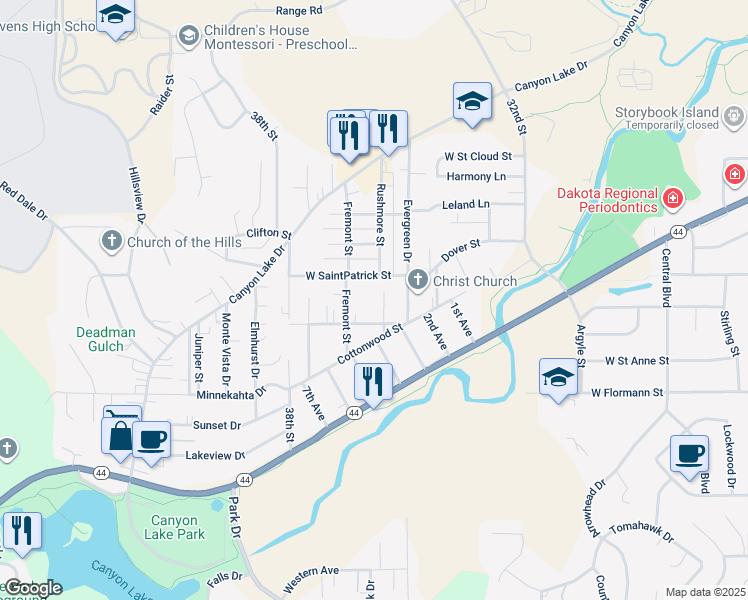 map of restaurants, bars, coffee shops, grocery stores, and more near 1919 Evergreen Drive in Rapid City