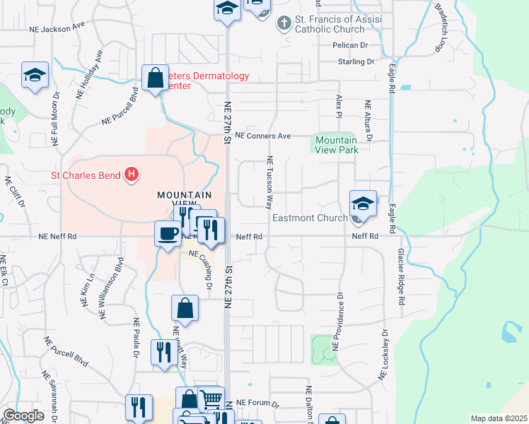 map of restaurants, bars, coffee shops, grocery stores, and more near 1701 Northeast Wichita Way in Bend