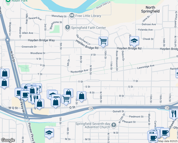 map of restaurants, bars, coffee shops, grocery stores, and more near 921 Northridge Avenue in Springfield