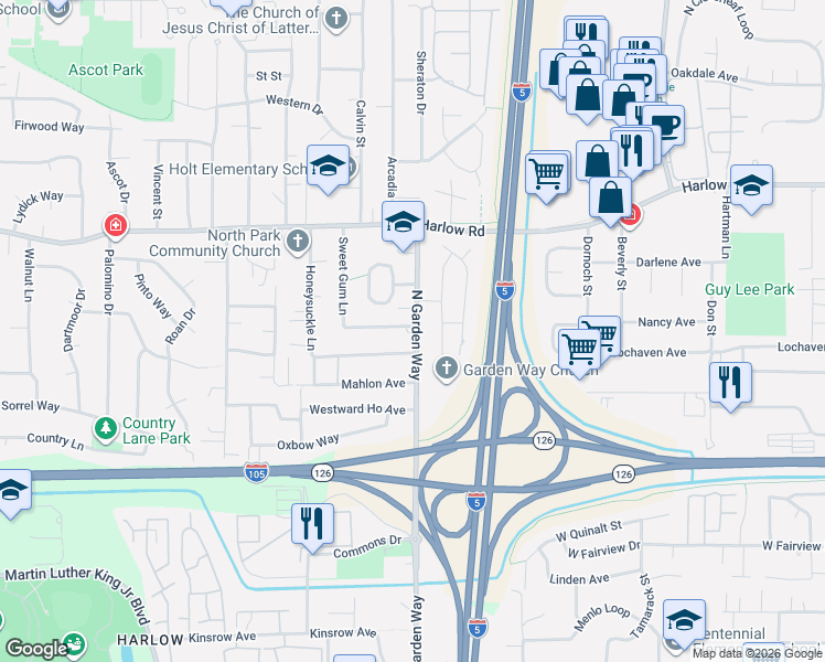 map of restaurants, bars, coffee shops, grocery stores, and more near 3655 Hickory Avenue in Eugene