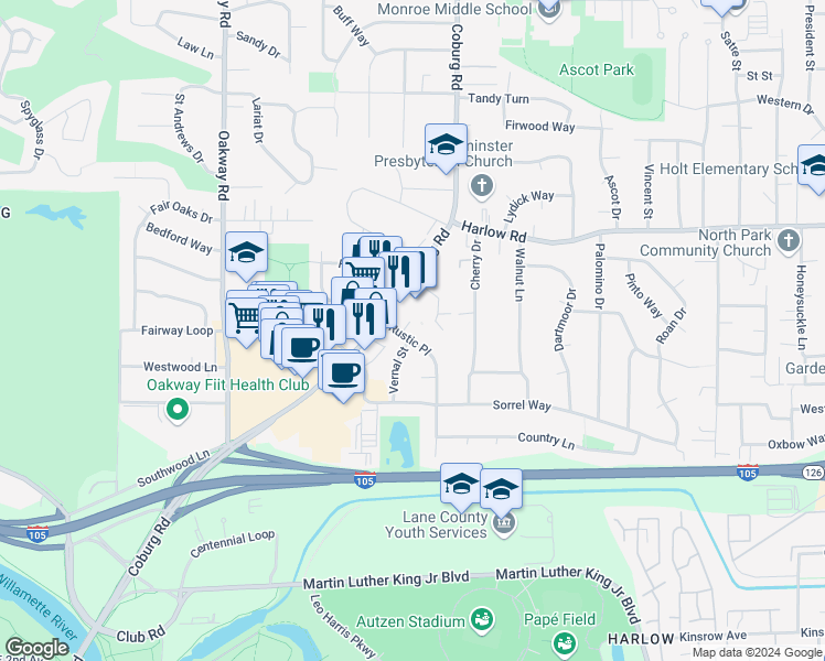 map of restaurants, bars, coffee shops, grocery stores, and more near 347 Rustic Place in Eugene