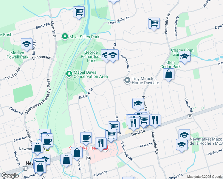 map of restaurants, bars, coffee shops, grocery stores, and more near 156 Patterson Street in Newmarket