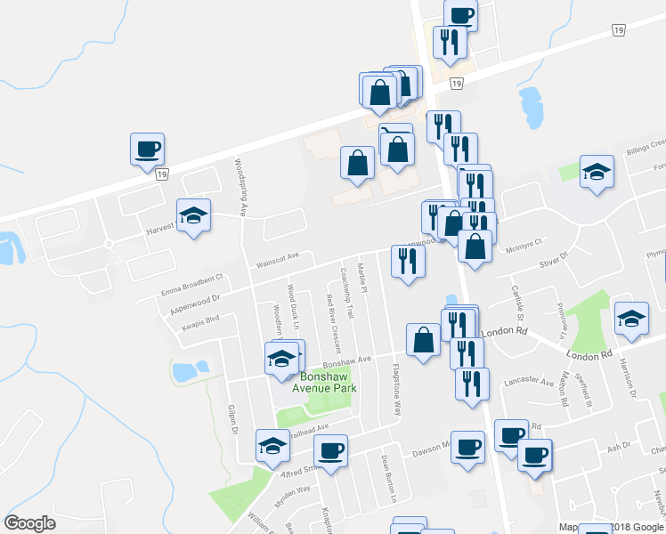 map of restaurants, bars, coffee shops, grocery stores, and more near 136 Aspenwood Drive in Newmarket