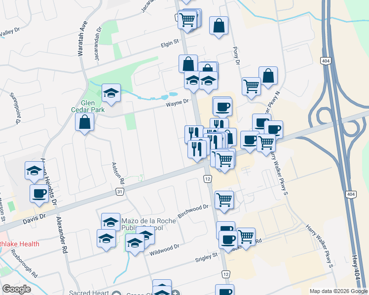 map of restaurants, bars, coffee shops, grocery stores, and more near 49 Hamilton Drive in Newmarket