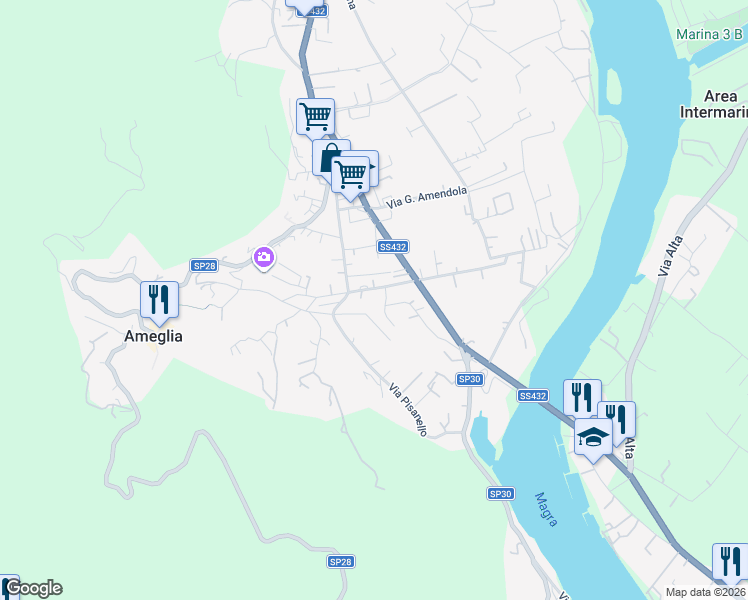 map of restaurants, bars, coffee shops, grocery stores, and more near 11 Via Giacomo Leopardi in Ameglia