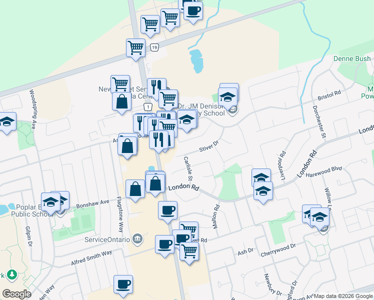map of restaurants, bars, coffee shops, grocery stores, and more near 49 Stiver Drive in Newmarket