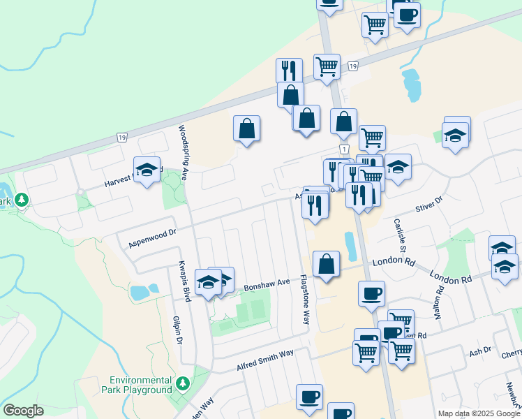 map of restaurants, bars, coffee shops, grocery stores, and more near 136 Aspenwood Drive in Newmarket