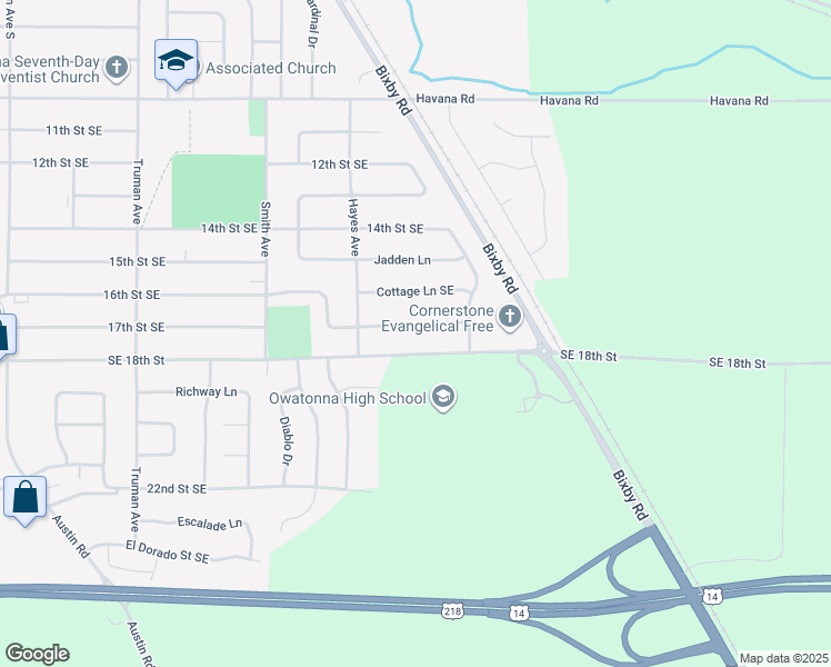 map of restaurants, bars, coffee shops, grocery stores, and more near 1315 Clover Lane Southeast in Owatonna