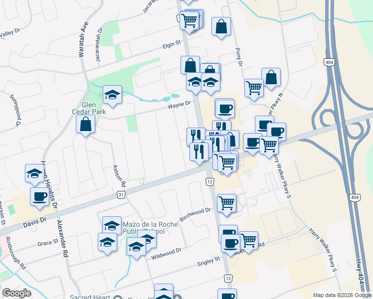 map of restaurants, bars, coffee shops, grocery stores, and more near 41 Hamilton Drive in Newmarket