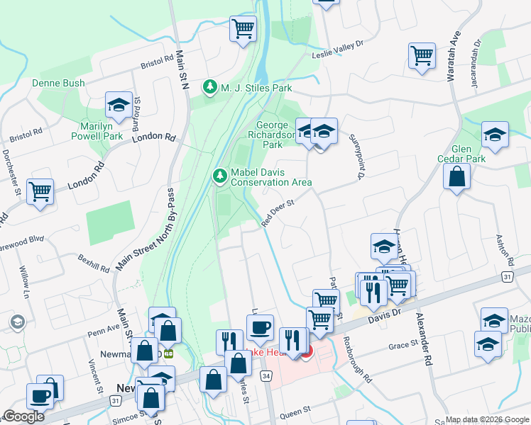 map of restaurants, bars, coffee shops, grocery stores, and more near 617 Red Deer Street in Newmarket