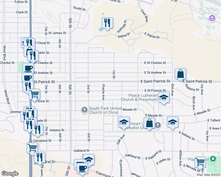 map of restaurants, bars, coffee shops, grocery stores, and more near 132 Saint Francis Street in Rapid City