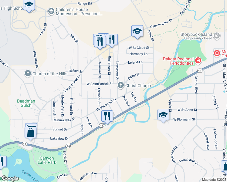 map of restaurants, bars, coffee shops, grocery stores, and more near 1919 Evergreen Drive in Rapid City
