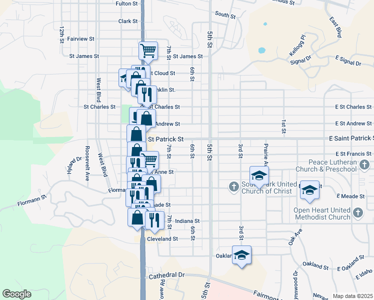 map of restaurants, bars, coffee shops, grocery stores, and more near 610 Saint Francis Street in Rapid City