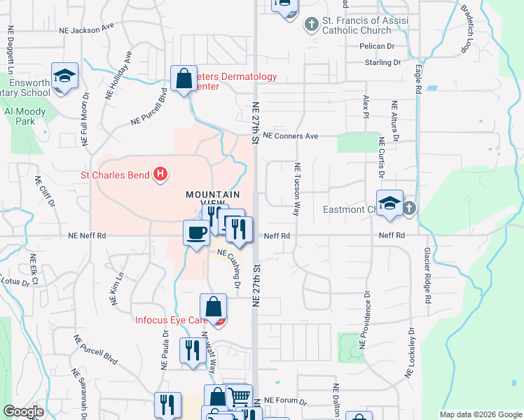 map of restaurants, bars, coffee shops, grocery stores, and more near 1747 Northeast Wichita Way in Bend