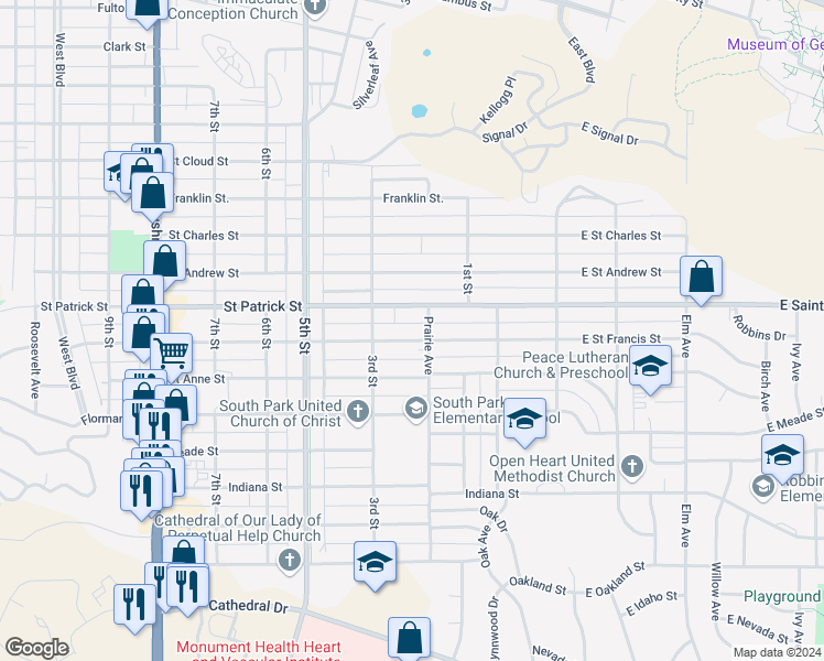 map of restaurants, bars, coffee shops, grocery stores, and more near 210 St Francis St in Rapid City