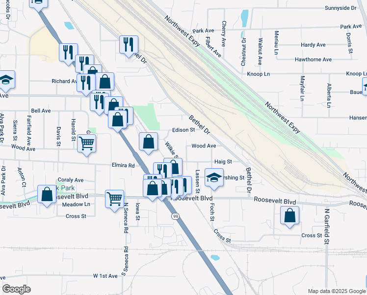 map of restaurants, bars, coffee shops, grocery stores, and more near 2600 Wood Avenue in Eugene