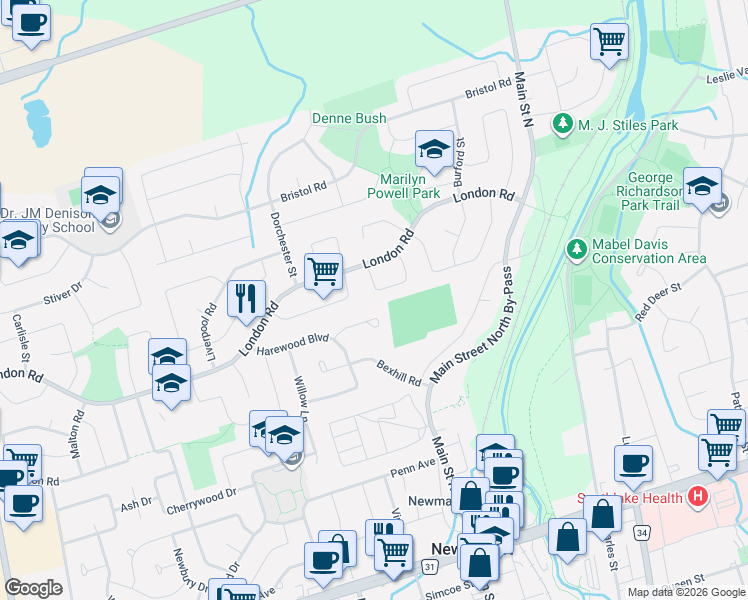 map of restaurants, bars, coffee shops, grocery stores, and more near 380 Selby Crescent in Newmarket