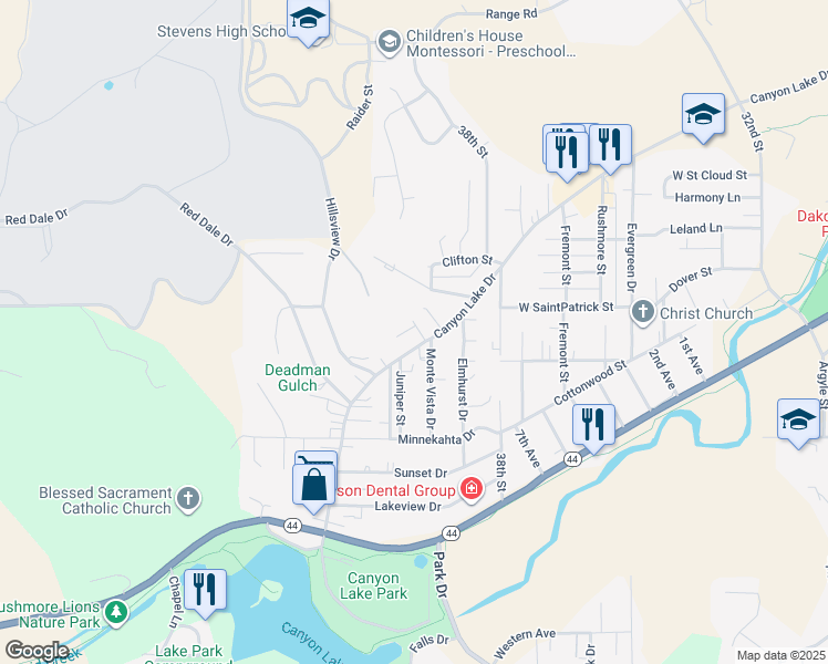 map of restaurants, bars, coffee shops, grocery stores, and more near 3936 Canyon Lake Drive in Rapid City