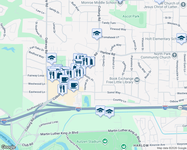 map of restaurants, bars, coffee shops, grocery stores, and more near 347 Rustic Place in Eugene