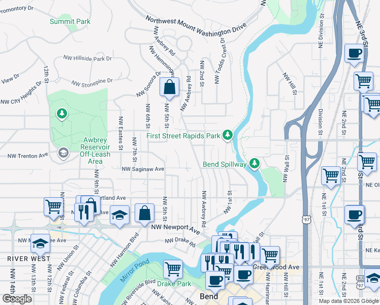 map of restaurants, bars, coffee shops, grocery stores, and more near 1973 Northwest Awbrey Road in Bend