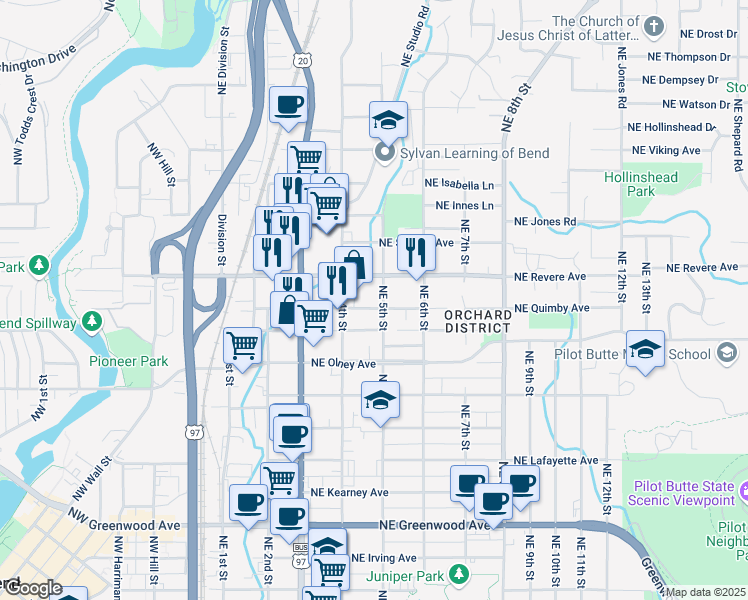 map of restaurants, bars, coffee shops, grocery stores, and more near 444 Northeast Quimby Avenue in Bend