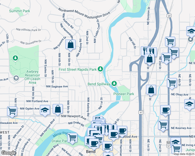 map of restaurants, bars, coffee shops, grocery stores, and more near 1965 Northwest 1st Street in Bend
