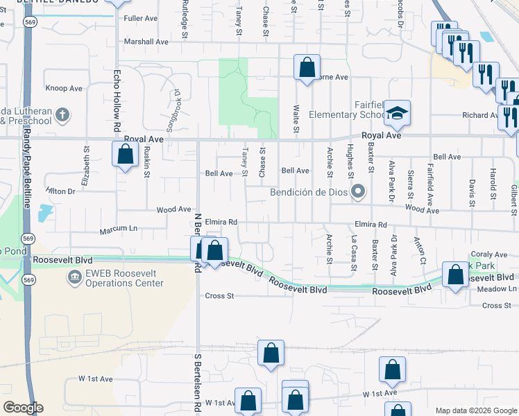 map of restaurants, bars, coffee shops, grocery stores, and more near 3885 Elmira Road in Eugene