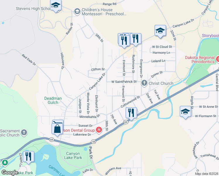 map of restaurants, bars, coffee shops, grocery stores, and more near 1915 38th Street in Rapid City