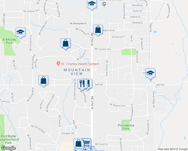 map of restaurants, bars, coffee shops, grocery stores, and more near 1747 Northeast Wichita Way in Bend