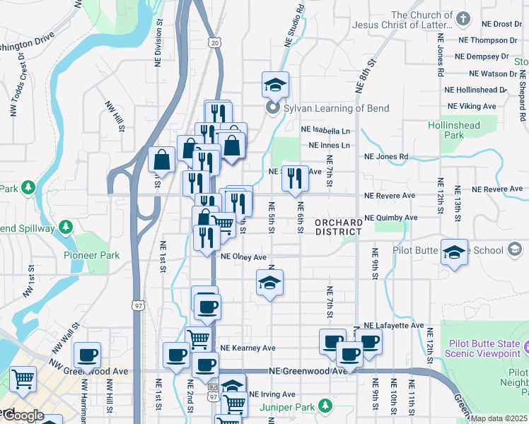 map of restaurants, bars, coffee shops, grocery stores, and more near 444 Northeast Quimby Avenue in Bend