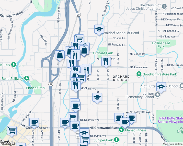map of restaurants, bars, coffee shops, grocery stores, and more near 1720 Northeast 4th Street in Bend