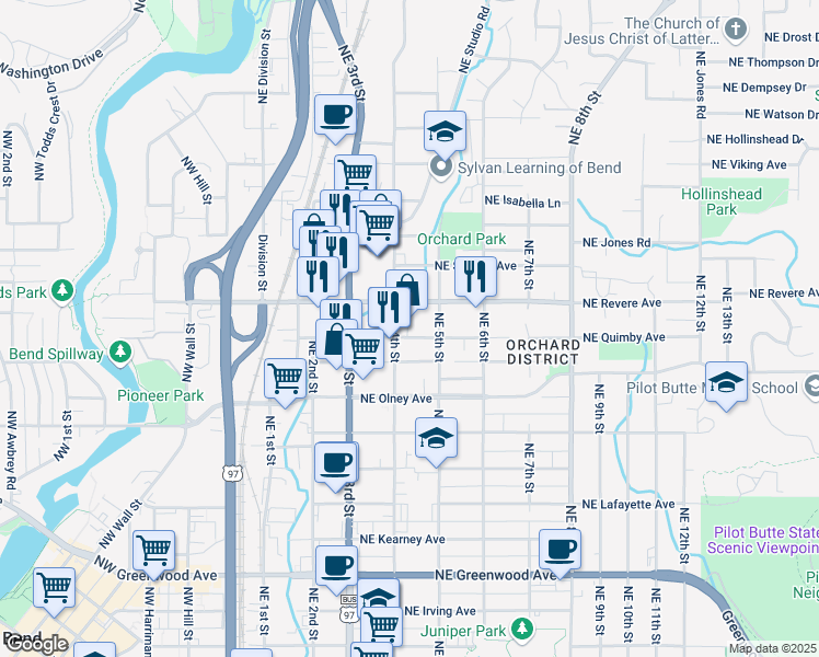 map of restaurants, bars, coffee shops, grocery stores, and more near 1720 Northeast 4th Street in Bend