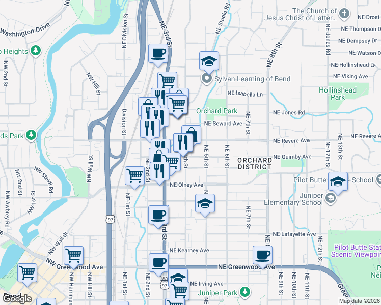 map of restaurants, bars, coffee shops, grocery stores, and more near 1720 Northeast 4th Street in Bend