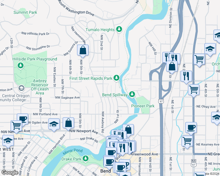 map of restaurants, bars, coffee shops, grocery stores, and more near 1965 Northwest 1st Street in Bend