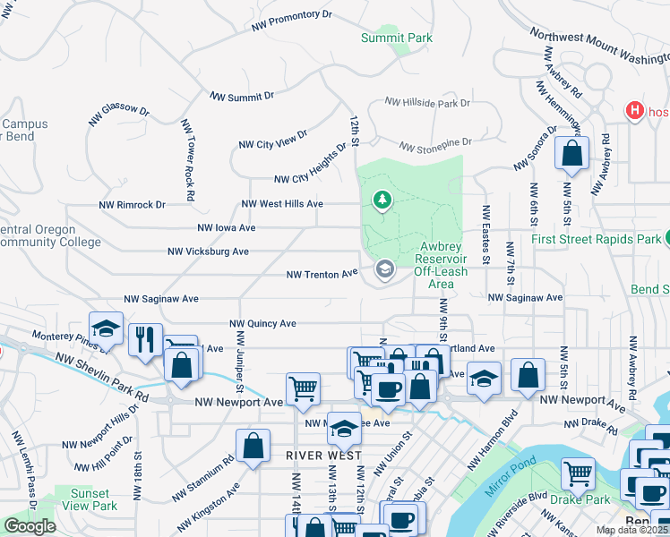 map of restaurants, bars, coffee shops, grocery stores, and more near 1270 Northwest Trenton Avenue in Bend