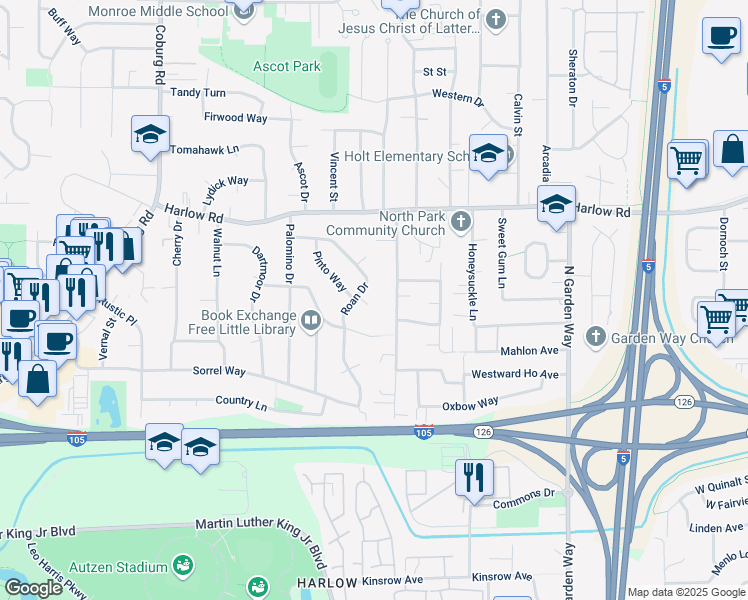 map of restaurants, bars, coffee shops, grocery stores, and more near 390 Sunshine Acres Drive in Eugene