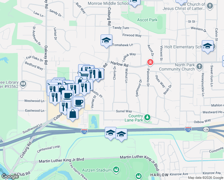 map of restaurants, bars, coffee shops, grocery stores, and more near 394 Cherry Drive in Eugene