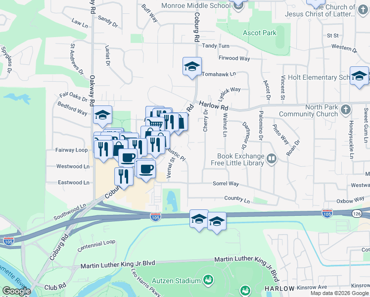 map of restaurants, bars, coffee shops, grocery stores, and more near 347 Rustic Place in Eugene