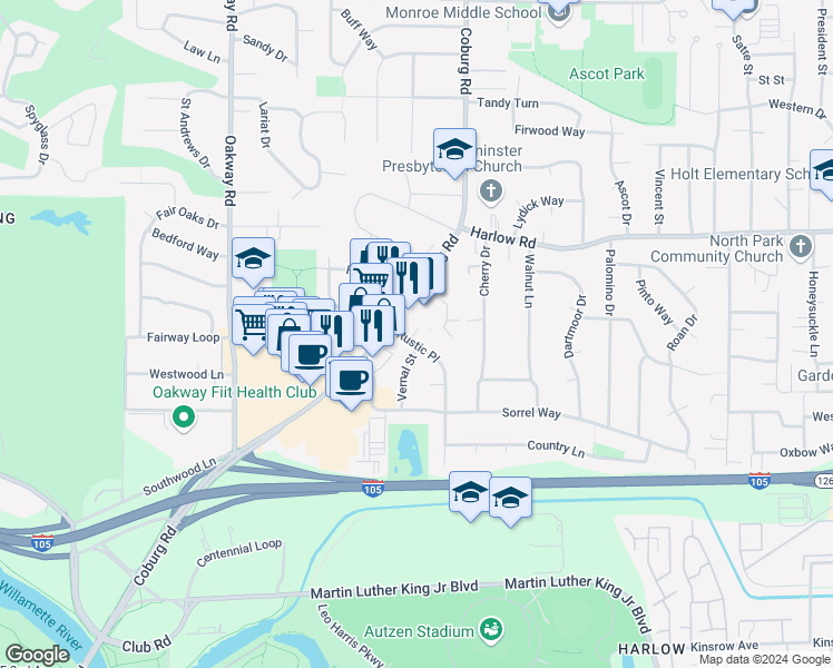 map of restaurants, bars, coffee shops, grocery stores, and more near in Eugene