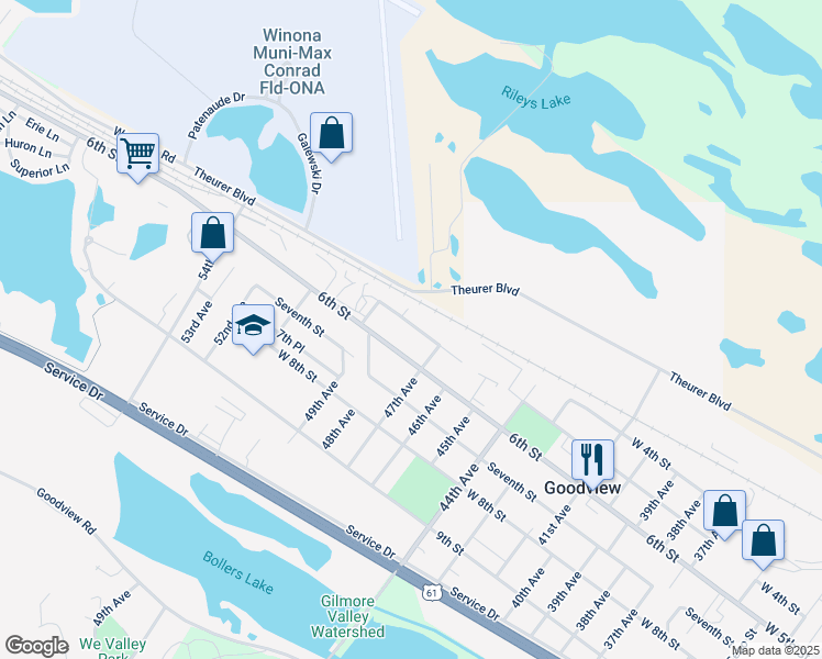 map of restaurants, bars, coffee shops, grocery stores, and more near 4755 5th Street in Goodview