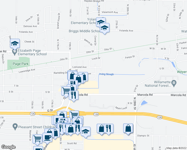 map of restaurants, bars, coffee shops, grocery stores, and more near 2193 Firth Avenue in Springfield