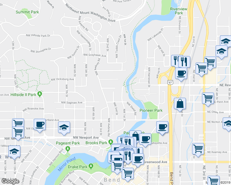 map of restaurants, bars, coffee shops, grocery stores, and more near 1946 Northwest 2nd Street in Bend