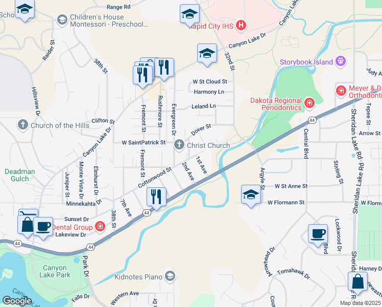 map of restaurants, bars, coffee shops, grocery stores, and more near 3326 Cottonwood Street in Rapid City