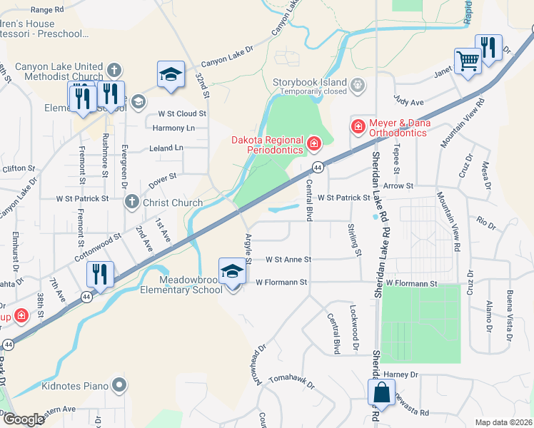 map of restaurants, bars, coffee shops, grocery stores, and more near 2922 Lanark Road in Rapid City