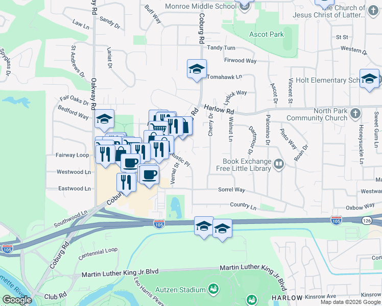 map of restaurants, bars, coffee shops, grocery stores, and more near 347 Rustic Place in Eugene