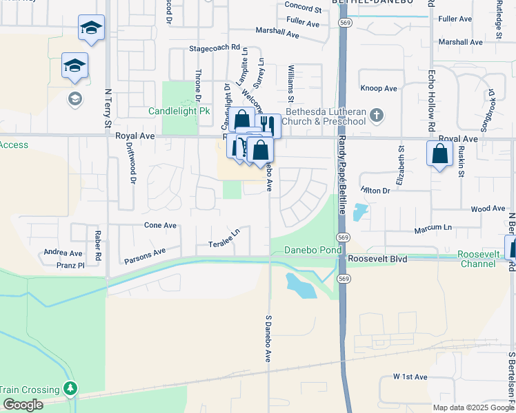map of restaurants, bars, coffee shops, grocery stores, and more near 550 North Danebo Avenue in Eugene