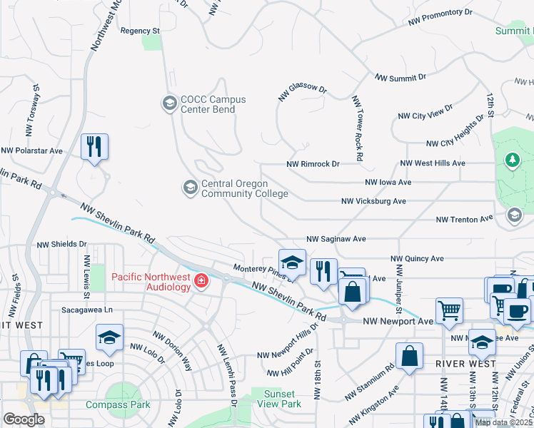 map of restaurants, bars, coffee shops, grocery stores, and more near 2094 Northwest Cascade View Drive in Bend