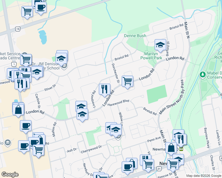 map of restaurants, bars, coffee shops, grocery stores, and more near 287 London Road in Newmarket